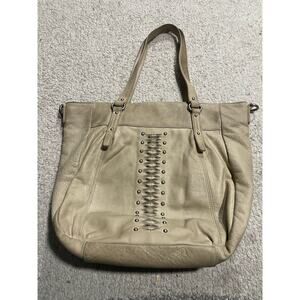 Lucky Brand Western Leather Shoulder Bag Whipstitch Hobo Purse Handbag Cream